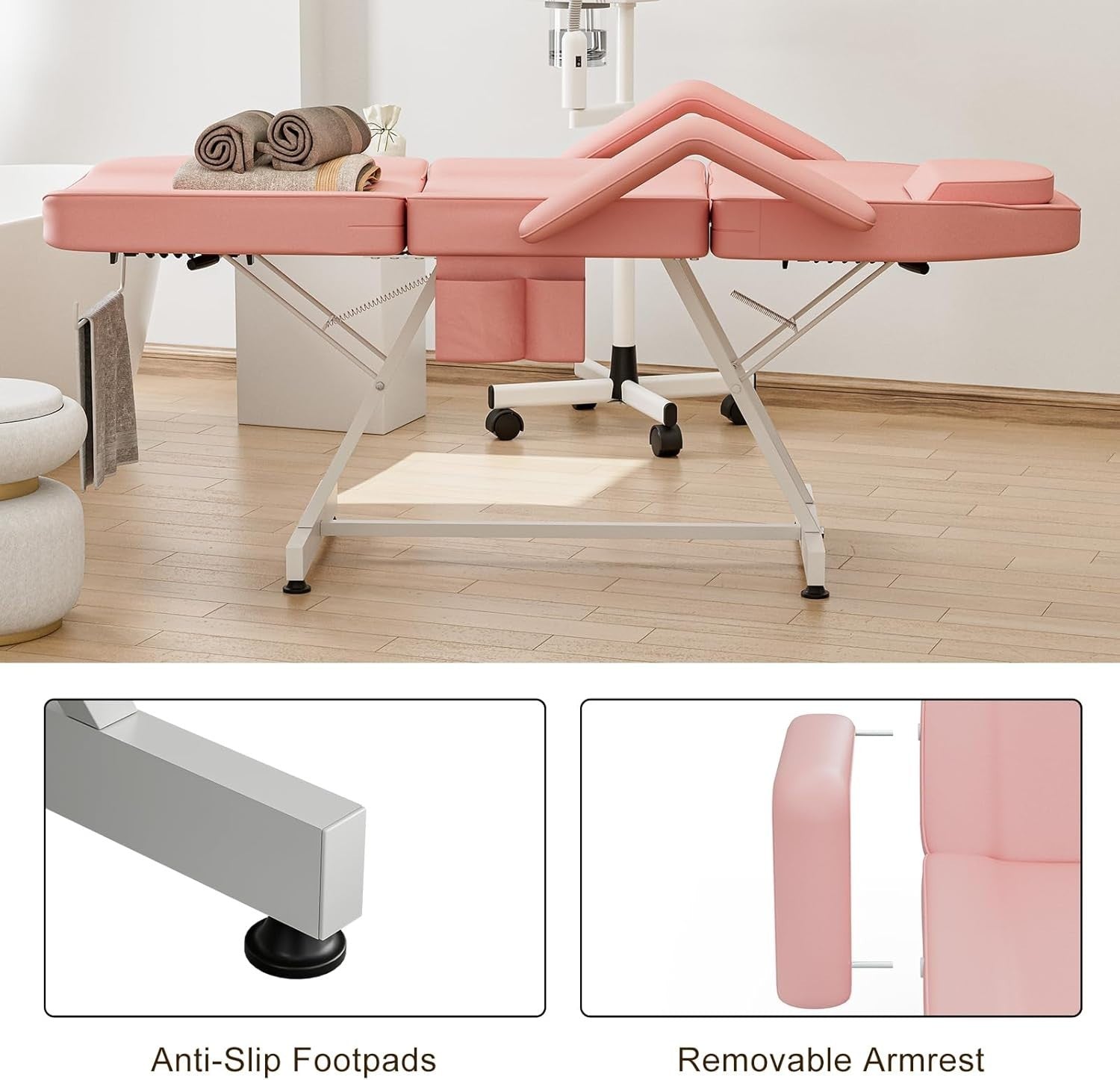 Adjustable 3-Section Beauty Massage Bed w/ Hydraulic Stool & Headrest Pink