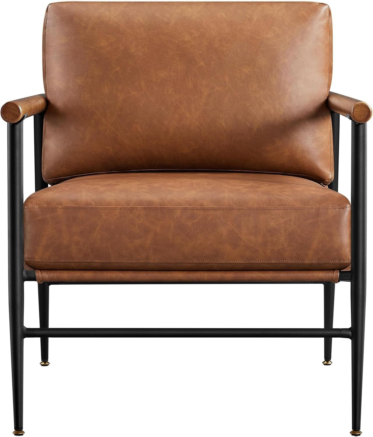 Retro Brown Faux Leather Lounge Chair Comfy Armchair Metal Frame Seat
