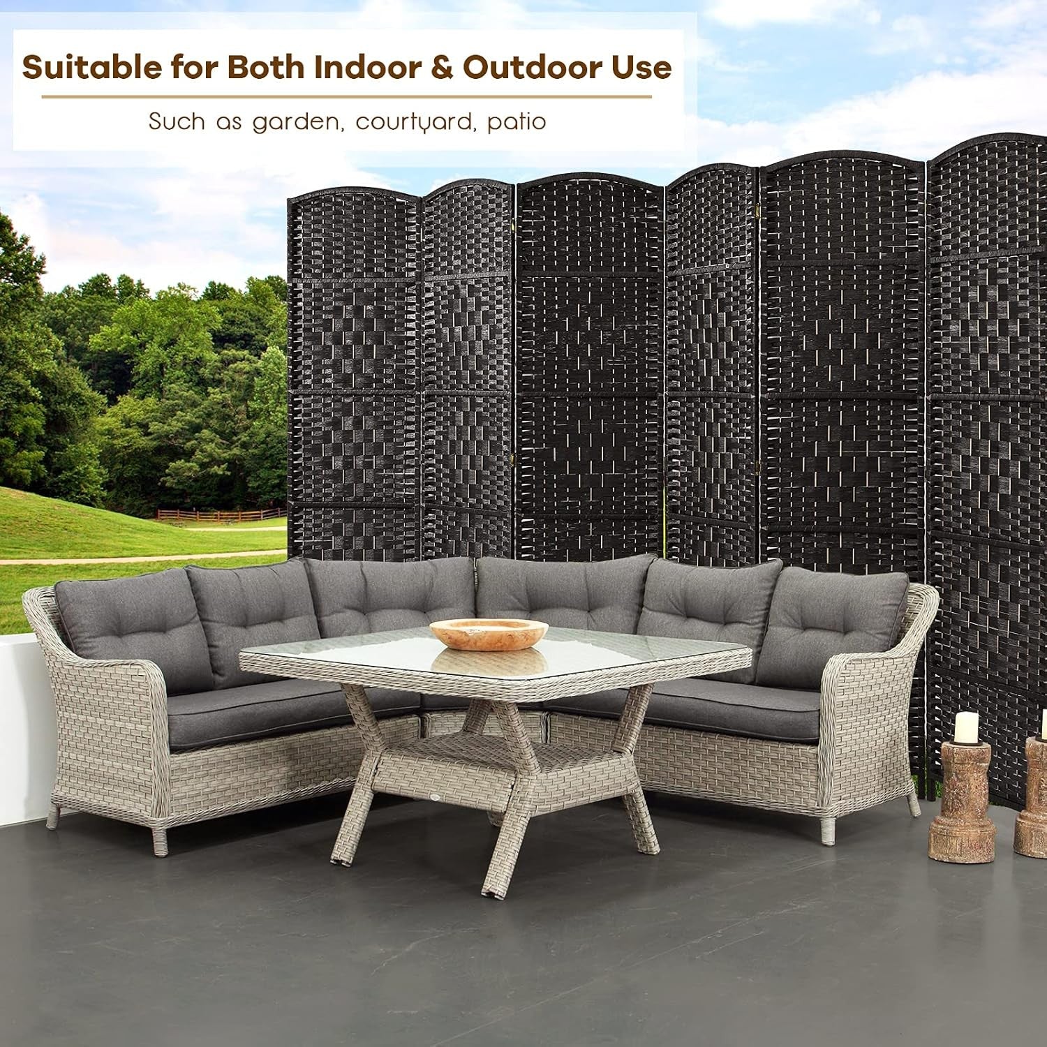 6 Panel Black Wicker Folding Room Divider Privacy Screen for Living Room Office