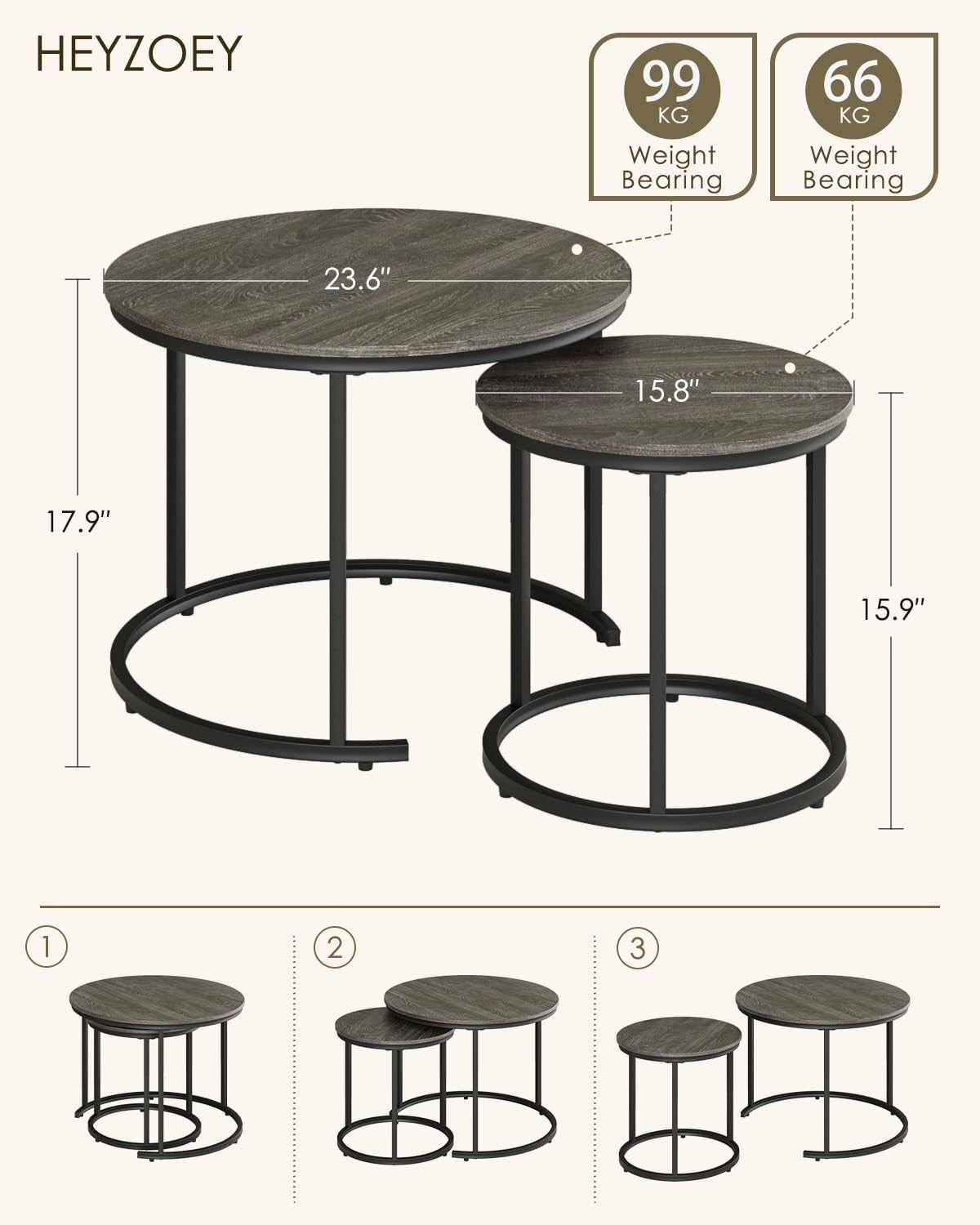Round Nesting Coffee Tables Set of 2 – Grey Top Black Frame, Space-Saving