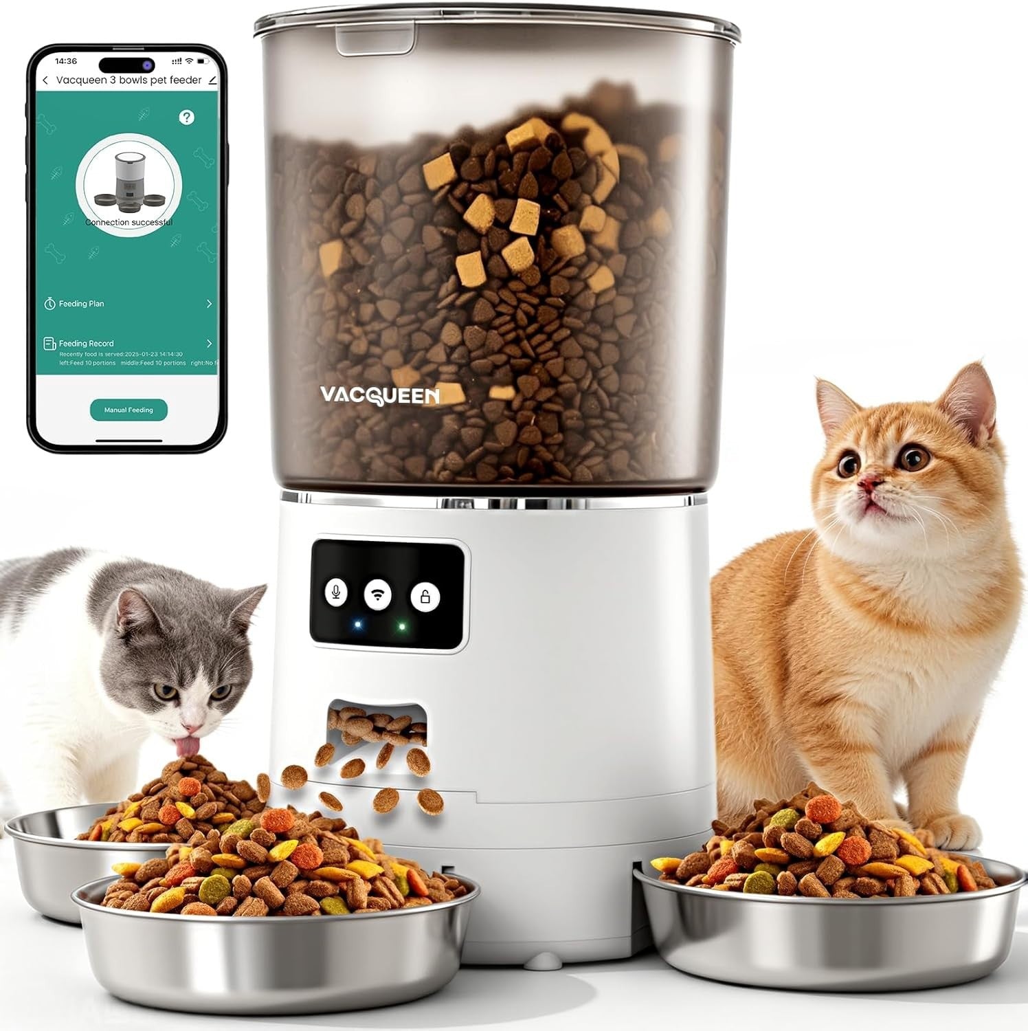 3 Bowl Automatic Cat Feeder 6L WiFi Pet Food Dispenser for 3 Cats
