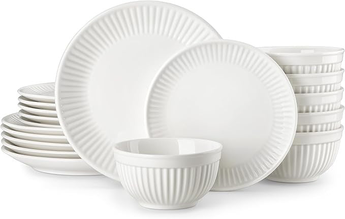 18 Piece White Porcelain Dinner Set for 6 Embossed Plates Bowls Tableware