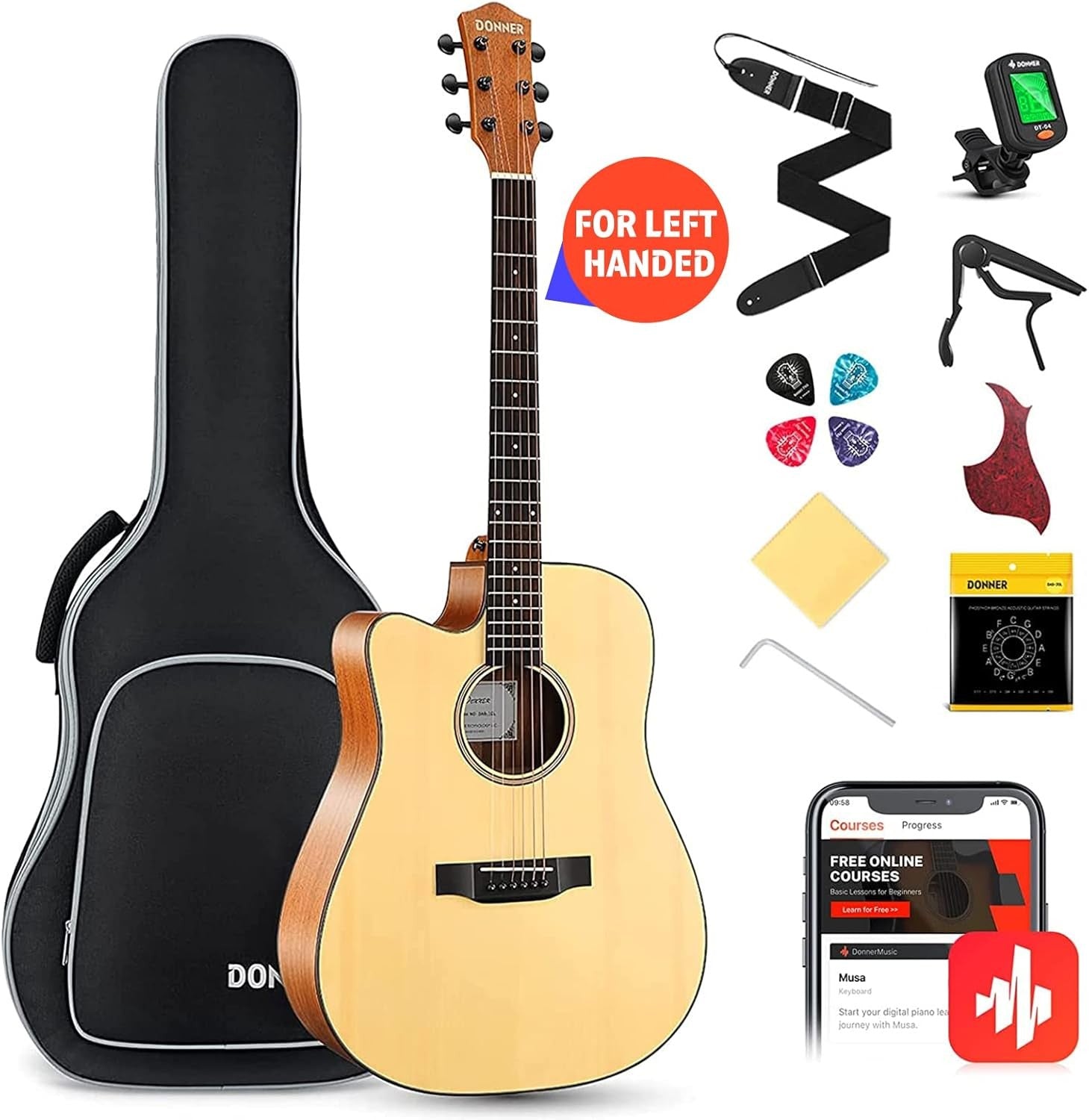 Left Handed 41" Acoustic Guitar Full Size Cutaway Beginner Kit