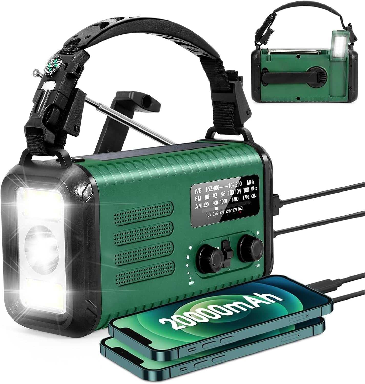 Emergency Solar Hand Crank Radio 20000mAh AM/FM/NOAA Army Green
