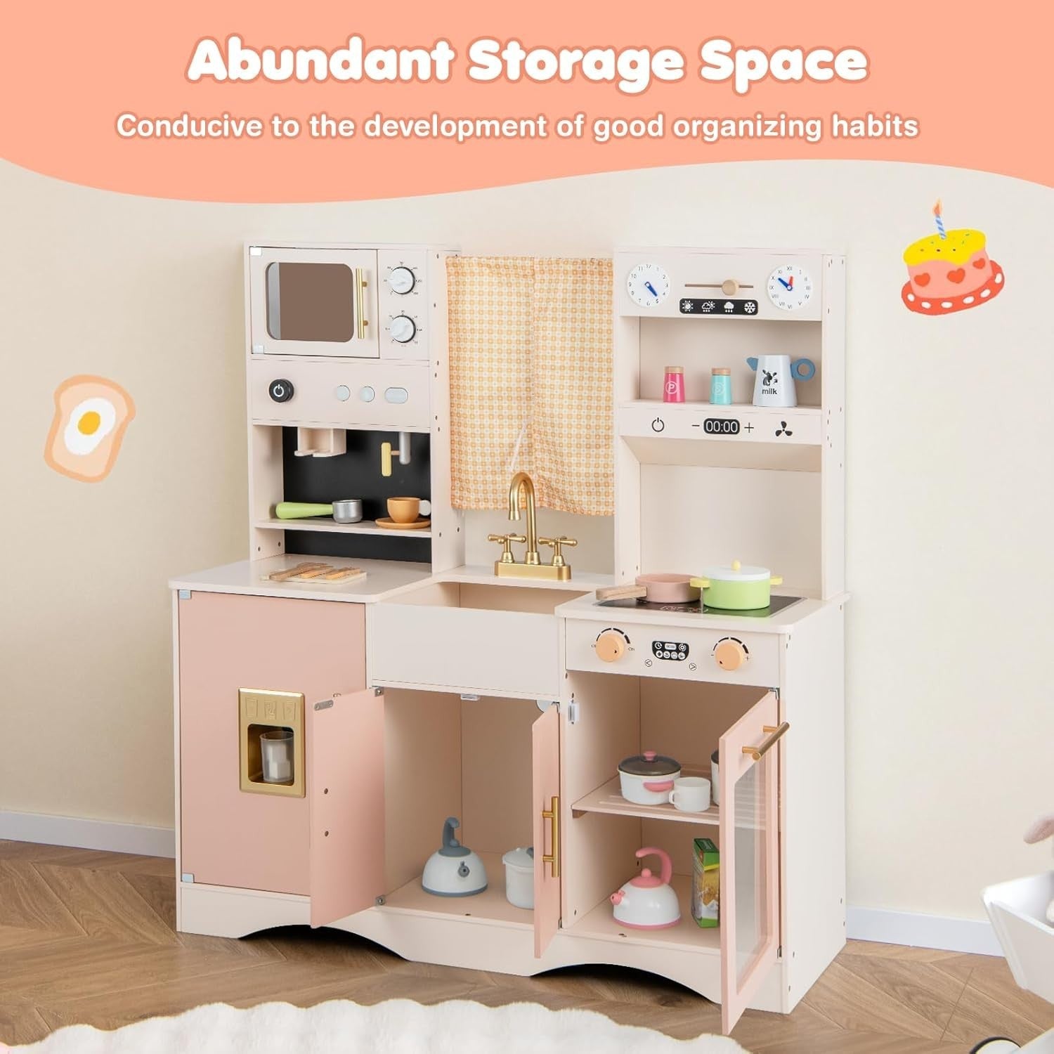 Kids Wooden Play Kitchen Pink w/ Ice Maker Microwave 17 Accessories