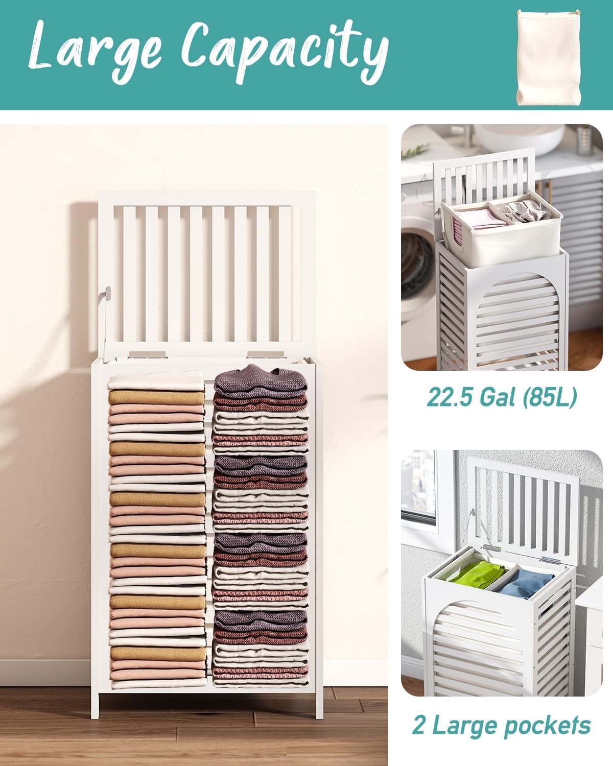 White Bamboo Laundry Hamper 85L with Lid & Removable Liner | Ventilated Clothes