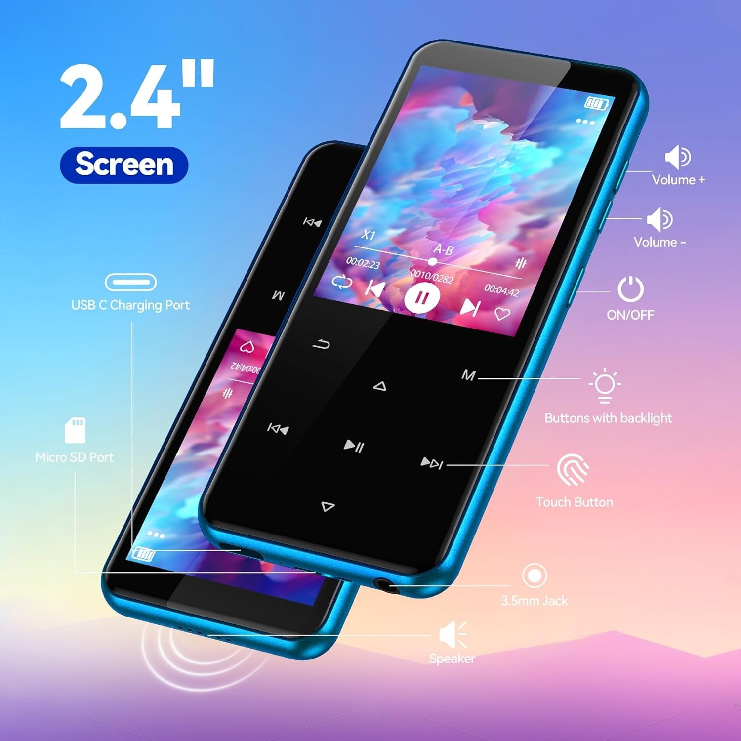 64GB Bluetooth 5.3 MP3 Player 2.4" Touch Screen FM Speaker Blue