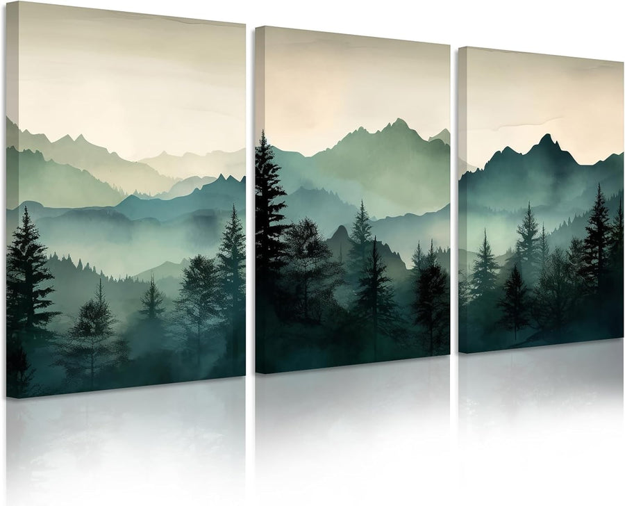 Sage Green Mountain Forest Wall Art Set of 3 Framed 12x16in