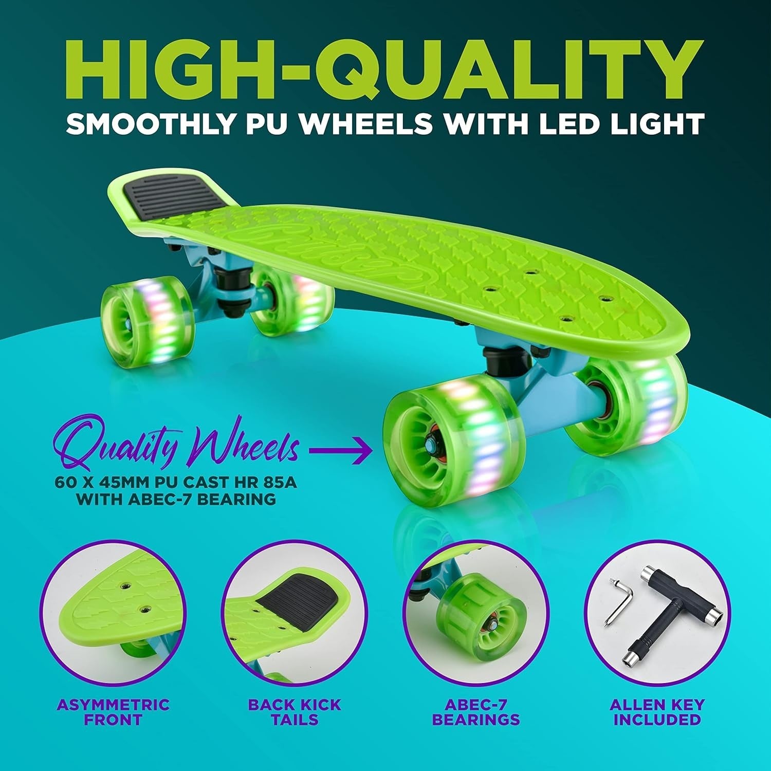 Mini Cruiser Skateboard LED Wheels Kids Teens Adult 56cm Complete Black Green