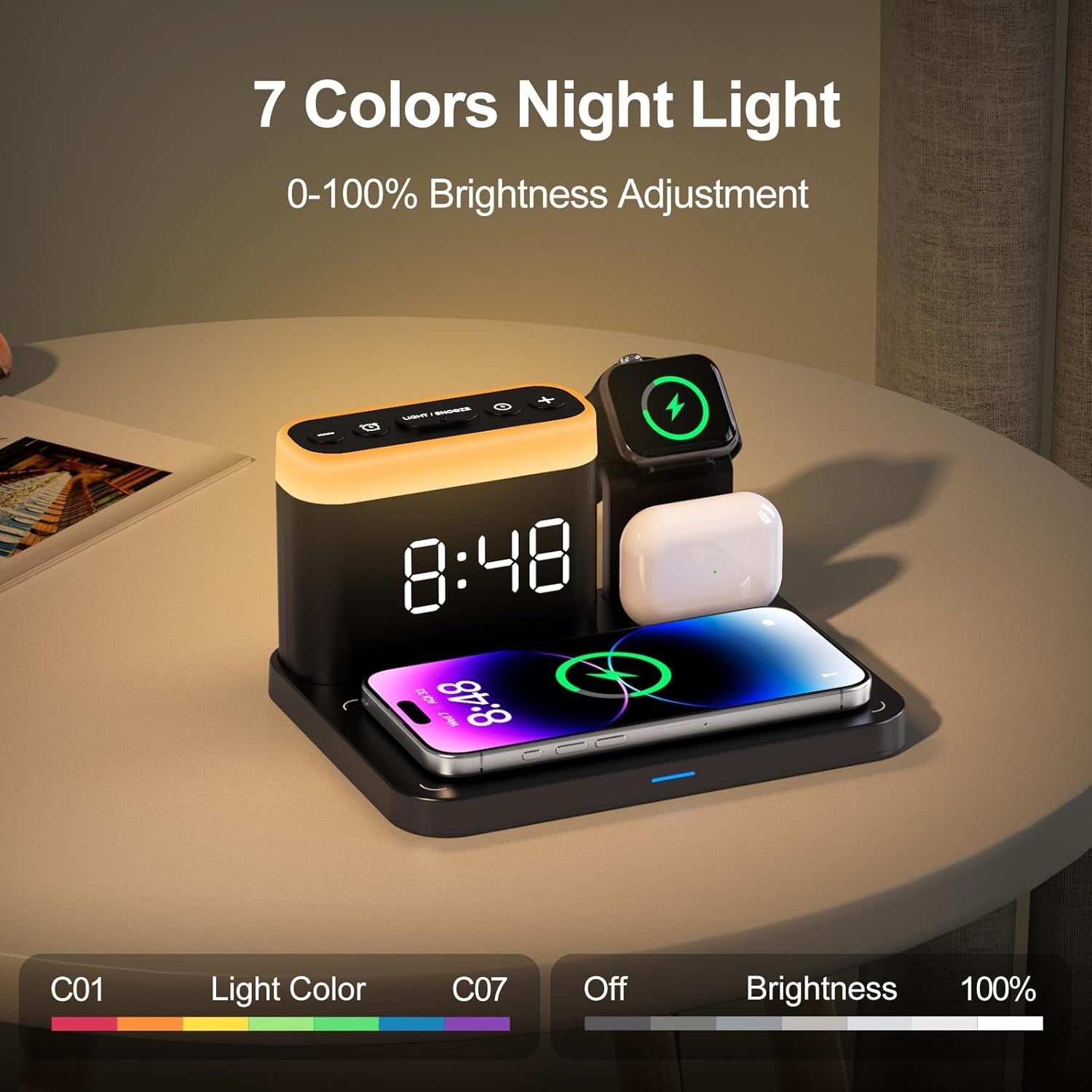 Black 5-in-1 Wireless Charging Station Alarm Clock Night Light Phone Watch