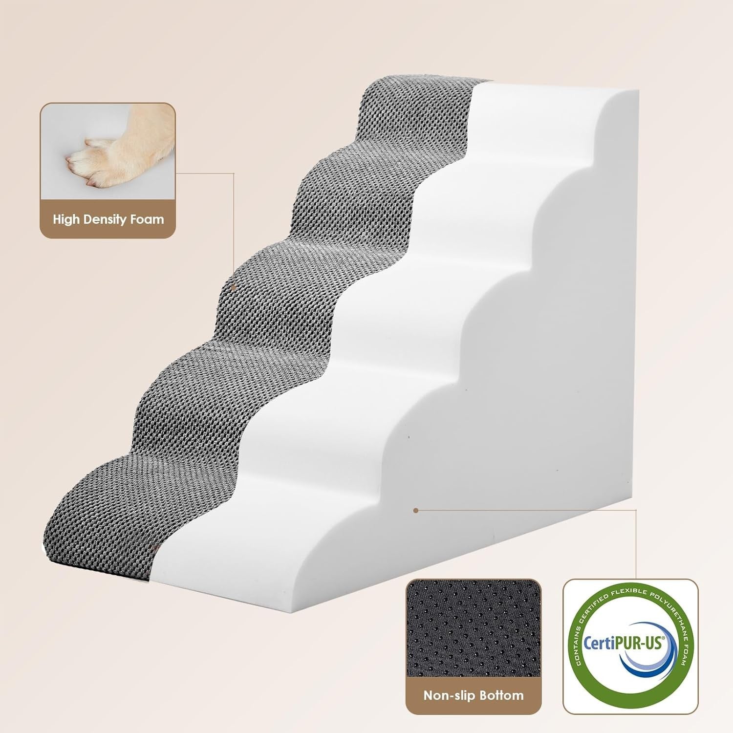 5 Step Dog Stairs for High Bed Non Slip Foam Pet Steps Washable Grey