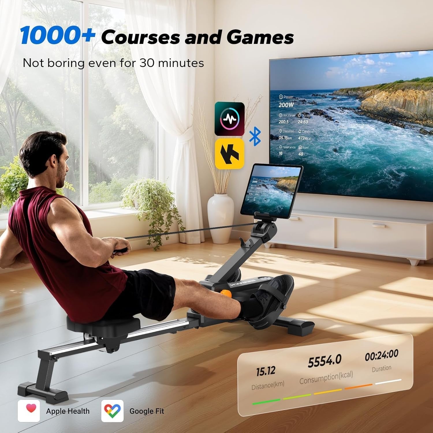 Compact Magnetic Rowing Machine 16-Level Quiet Dual Rail App Smart Home Rower