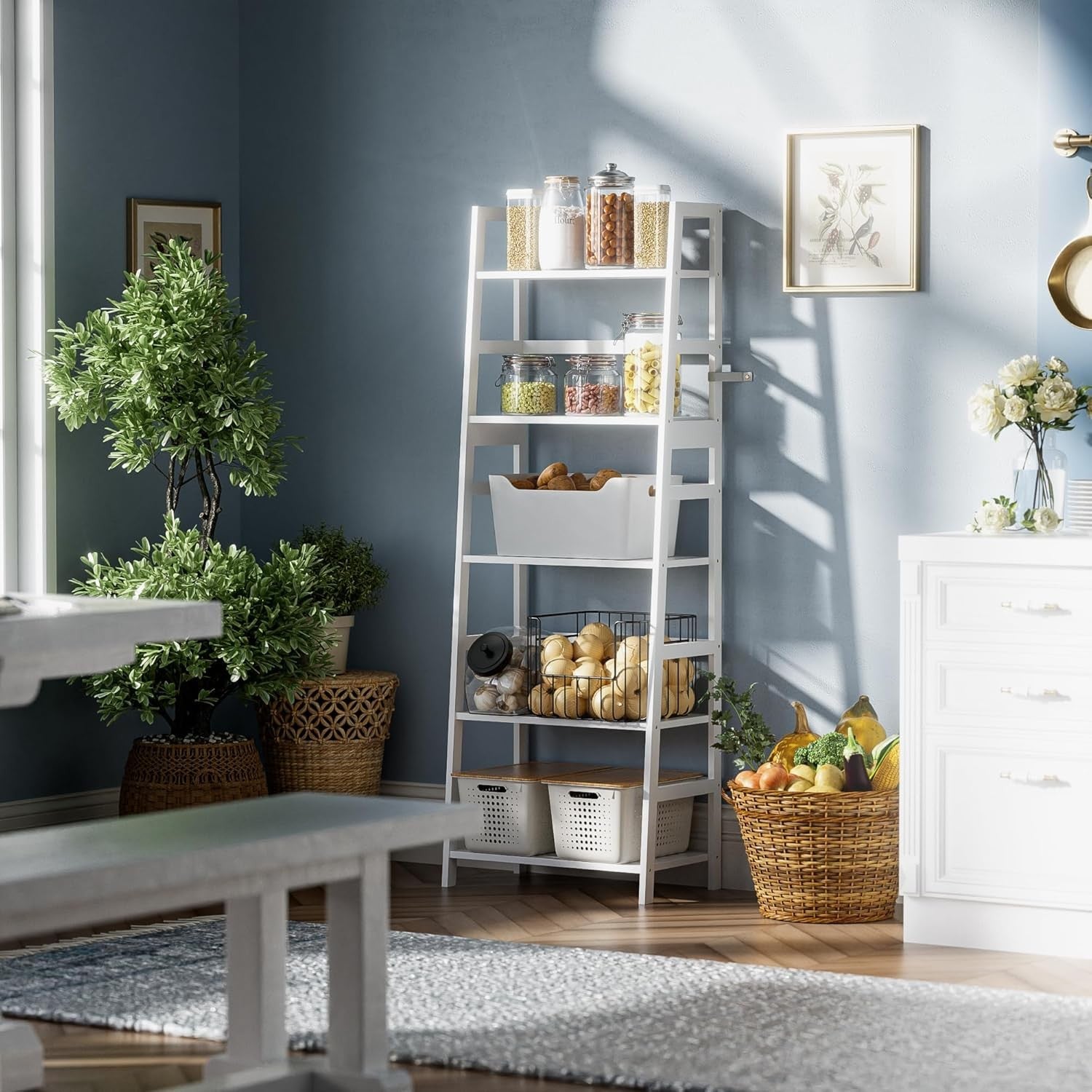 White 5-Tier Bamboo Ladder Bookcase, Heavy Duty Tall Display Storage Shelf