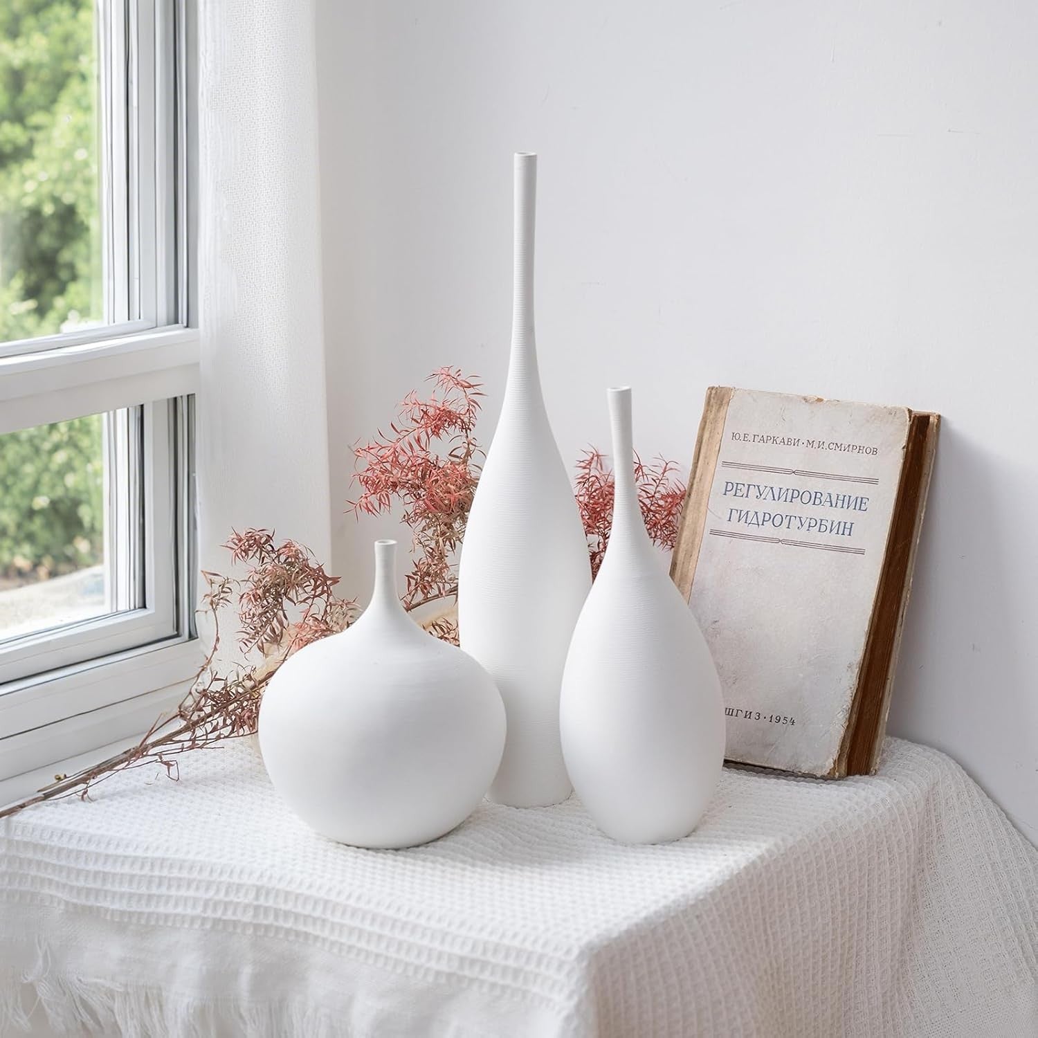 White Ceramic Vase Set of 3 Modern Minimalist Pampas Decor Centerpieces