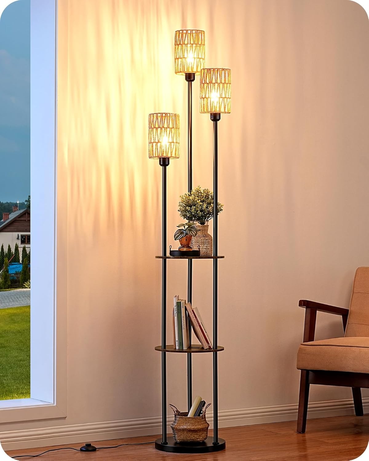 3-Light Boho Floor Lamp with Shelves & Rope Shades, Warm LED Lighting