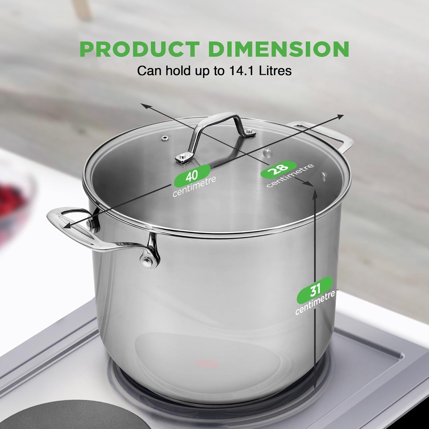 14.2 L Stainless Steel Stock Pot with Glass Lid Induction Ready Heavy Duty Soup