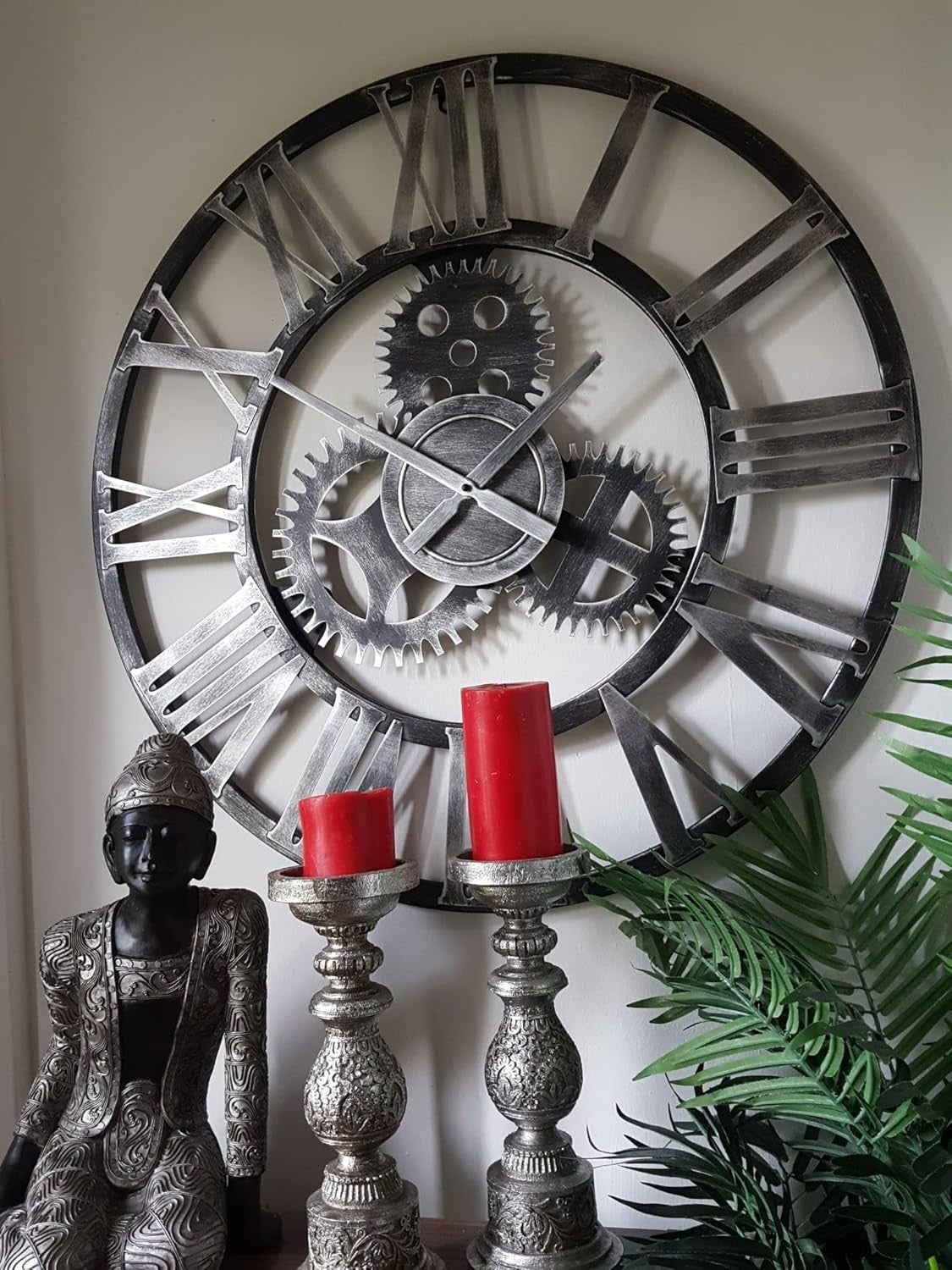 76cm Industrial Metal Gear Wall Clock - Rustic Silver Skeleton Roman Numerals V
