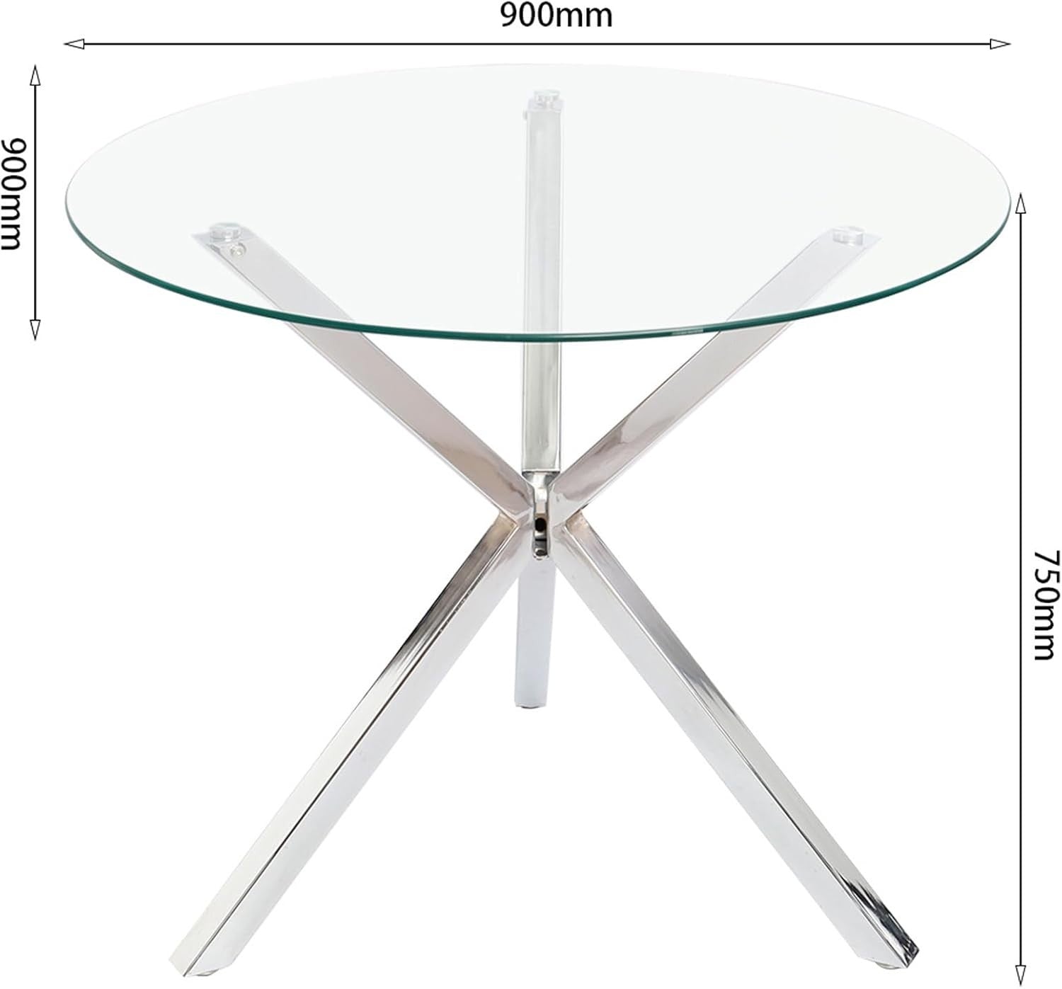 90cm Round Glass Dining Table with Chrome Metal Legs Modern Small Kitchen Table