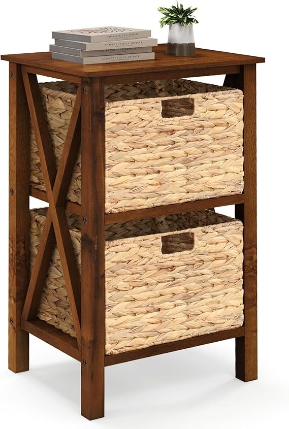 Rustic Bedside Table with Seagrass Baskets | Slim Wooden Nightstand 2-Tier