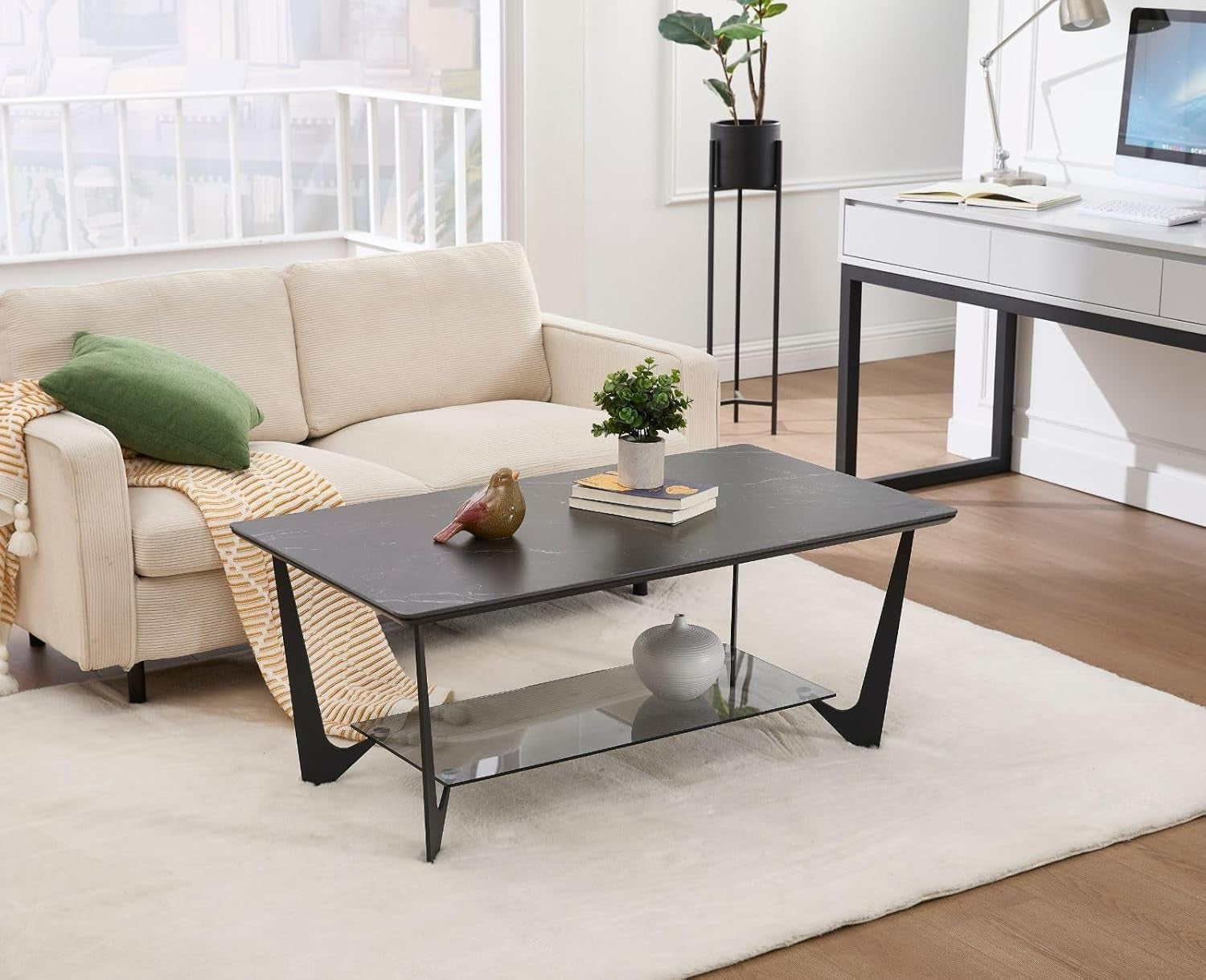 Modern Marble Look Coffee Table with Glass Shelf & Sleek Metal Legs 110x60cm