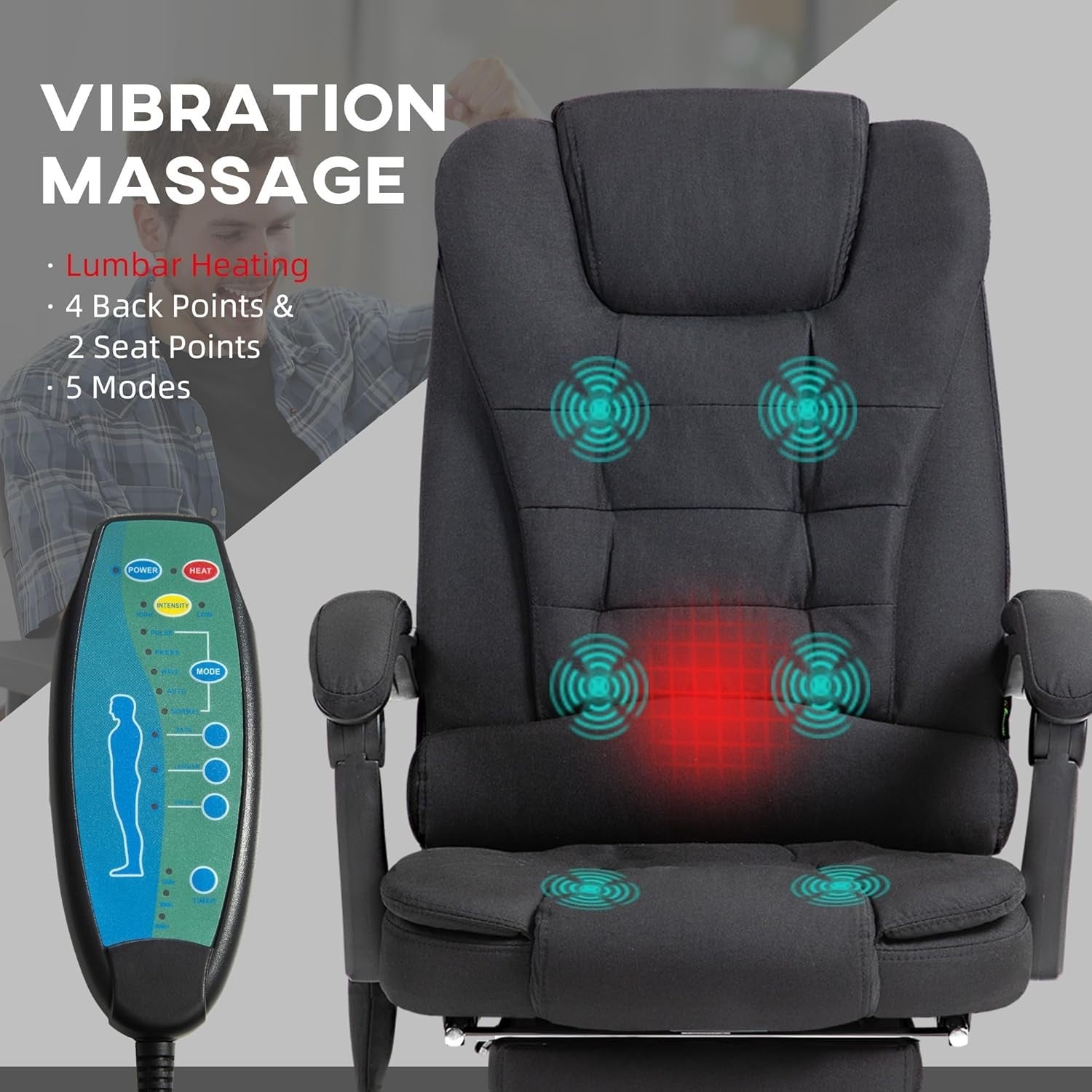 Reclining Massage Office Chair Heated Footrest High Back Linen Black Swivel Desk