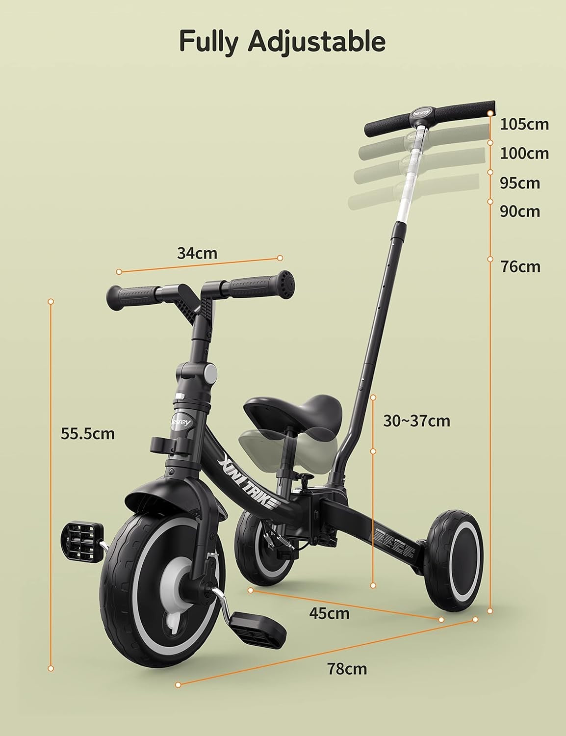 5 In 1 Toddler Tricycle Push Handle Foldable Balance Bike Black 1-5Y