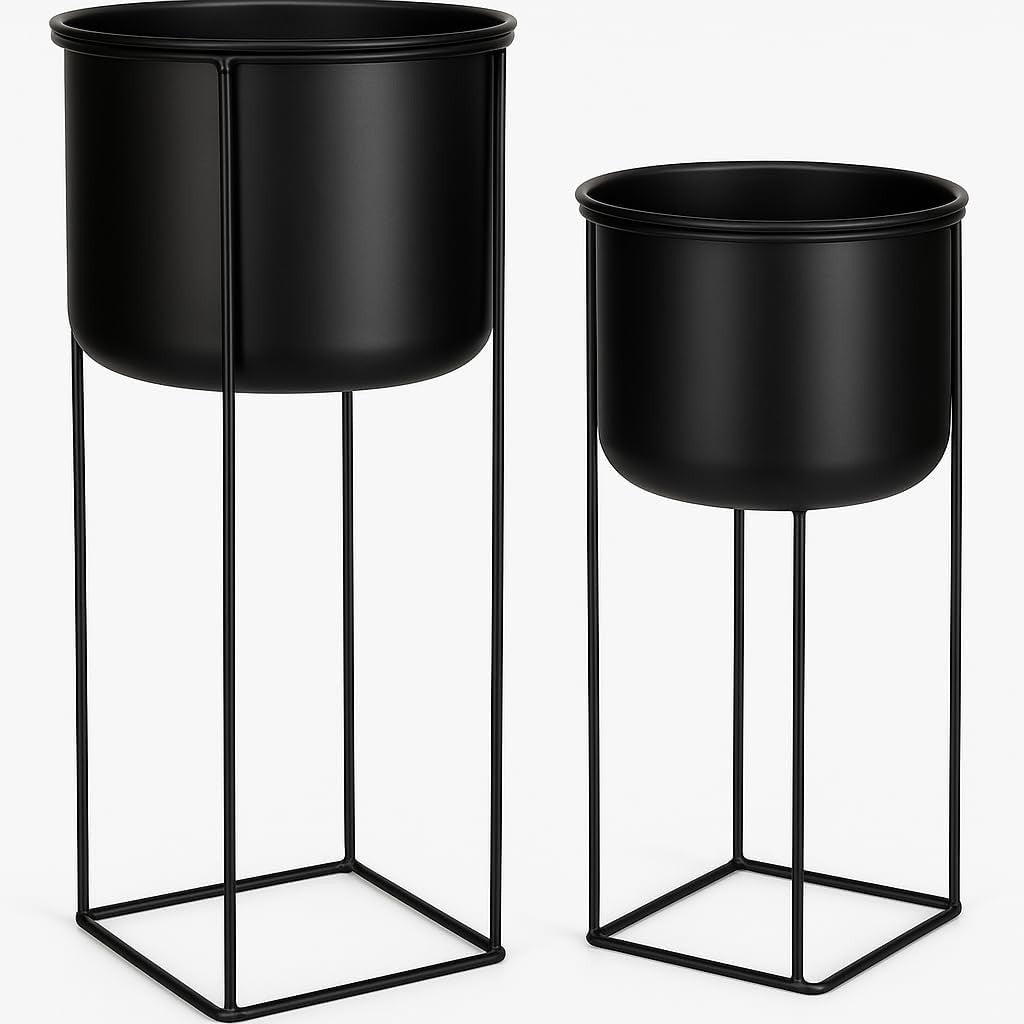 2x Black Metal Plant Pot Stands Set – Tall & Short Indoor Outdoor Planters