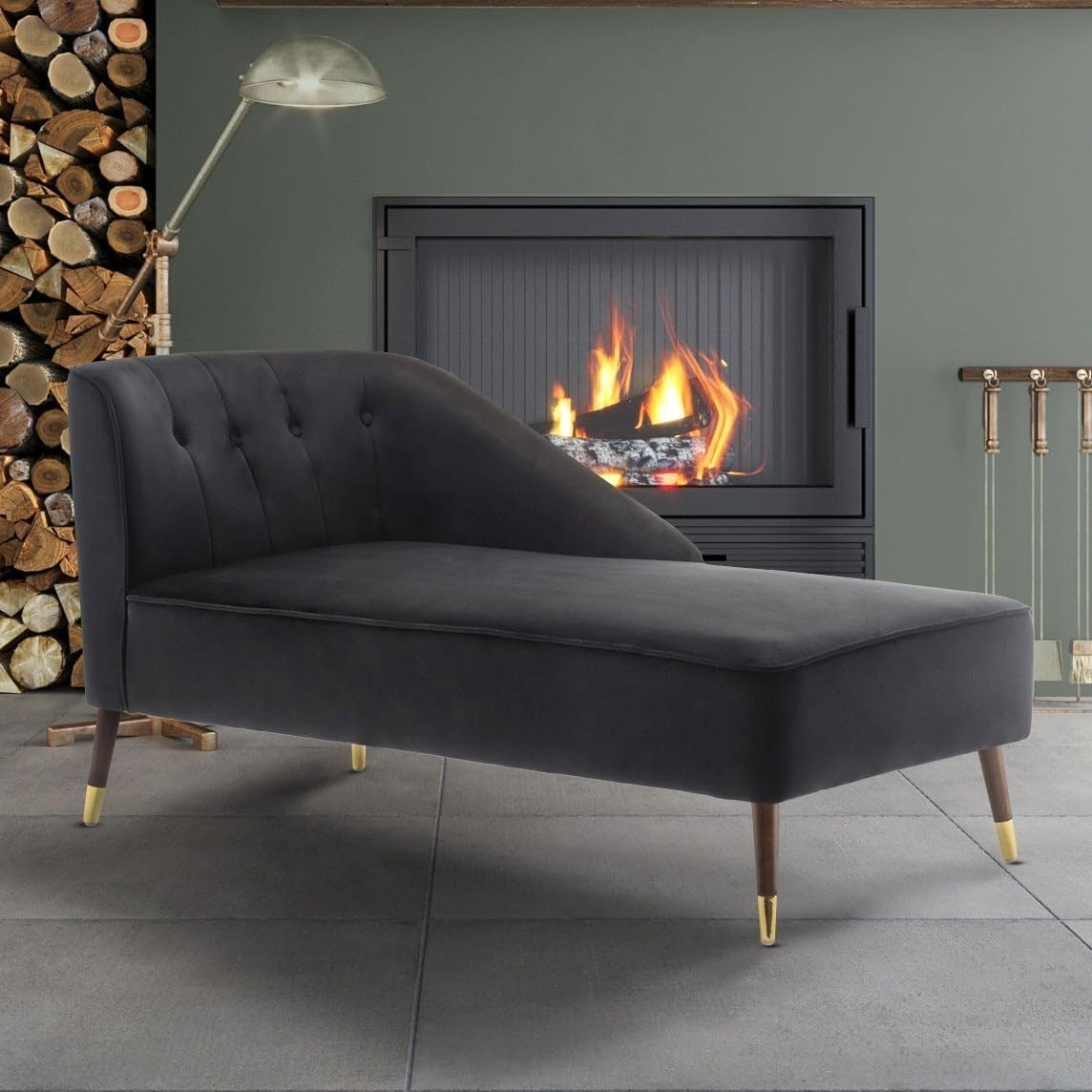 Modern Black Velvet Tufted Right Hand Chaise Lounge Chair Bedroom 160cm