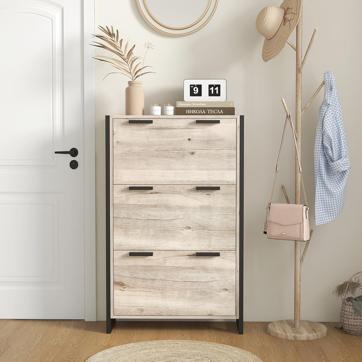 Slim 3 Drawer Shoe Cabinet with Adjustable Shelves, Flip Doors, 18 Pairs Storage