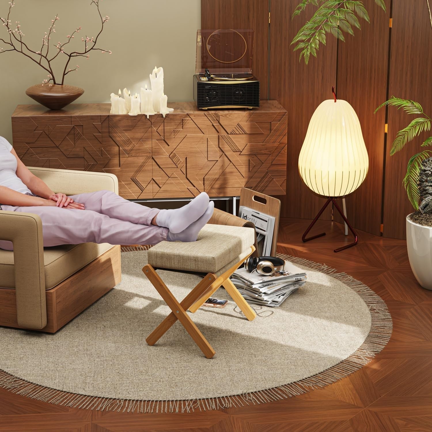 Natural Bamboo Foldable Footstool with Brown Chenille Cushion & X-Leg Design