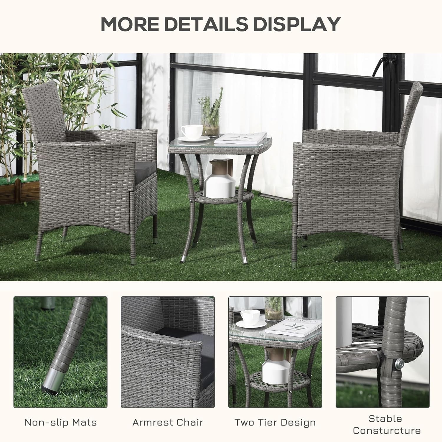 3 Piece Rattan Bistro Set Garden Chairs with Table Cushioned Balcony Set