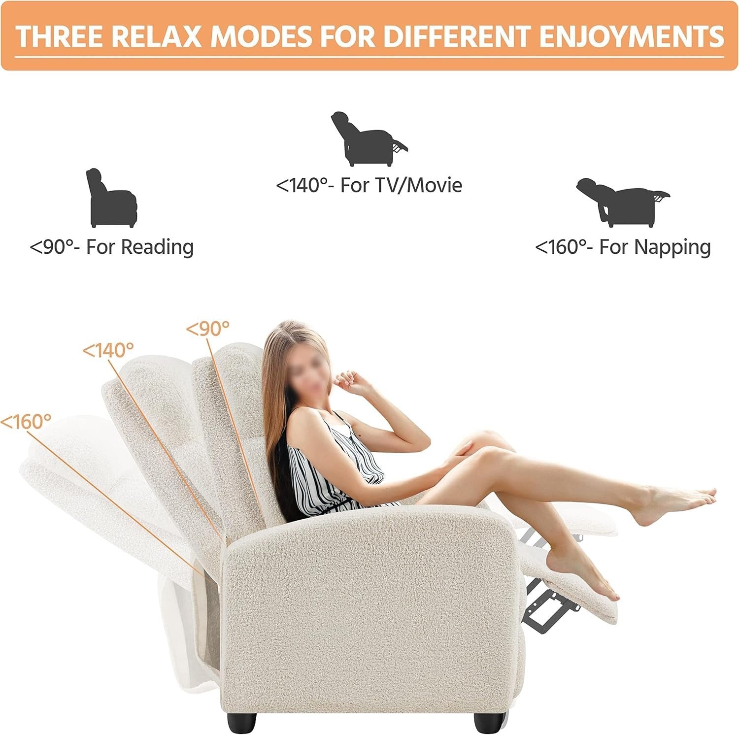 Ivory Boucle Recliner Armchair Sofa Lounge Chair Soft Adjustable Seat