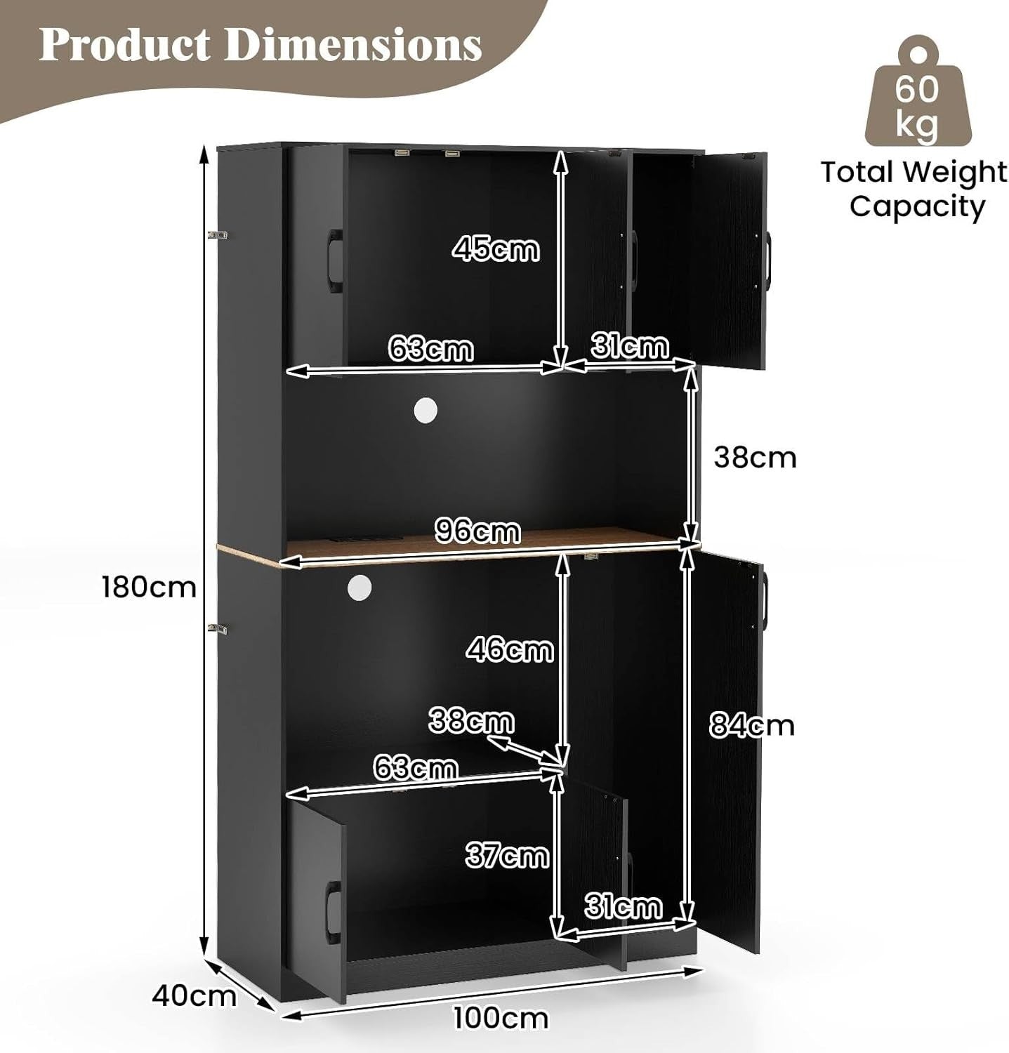 180cm Tall Kitchen Cupboard Black 6 Doors Pantry Cabinet with Power Outlet