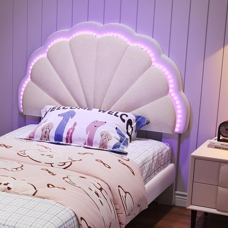 3FT Shell Single Bed with LED Lights & Drawer – Velvet Kids Teen Bed Beige