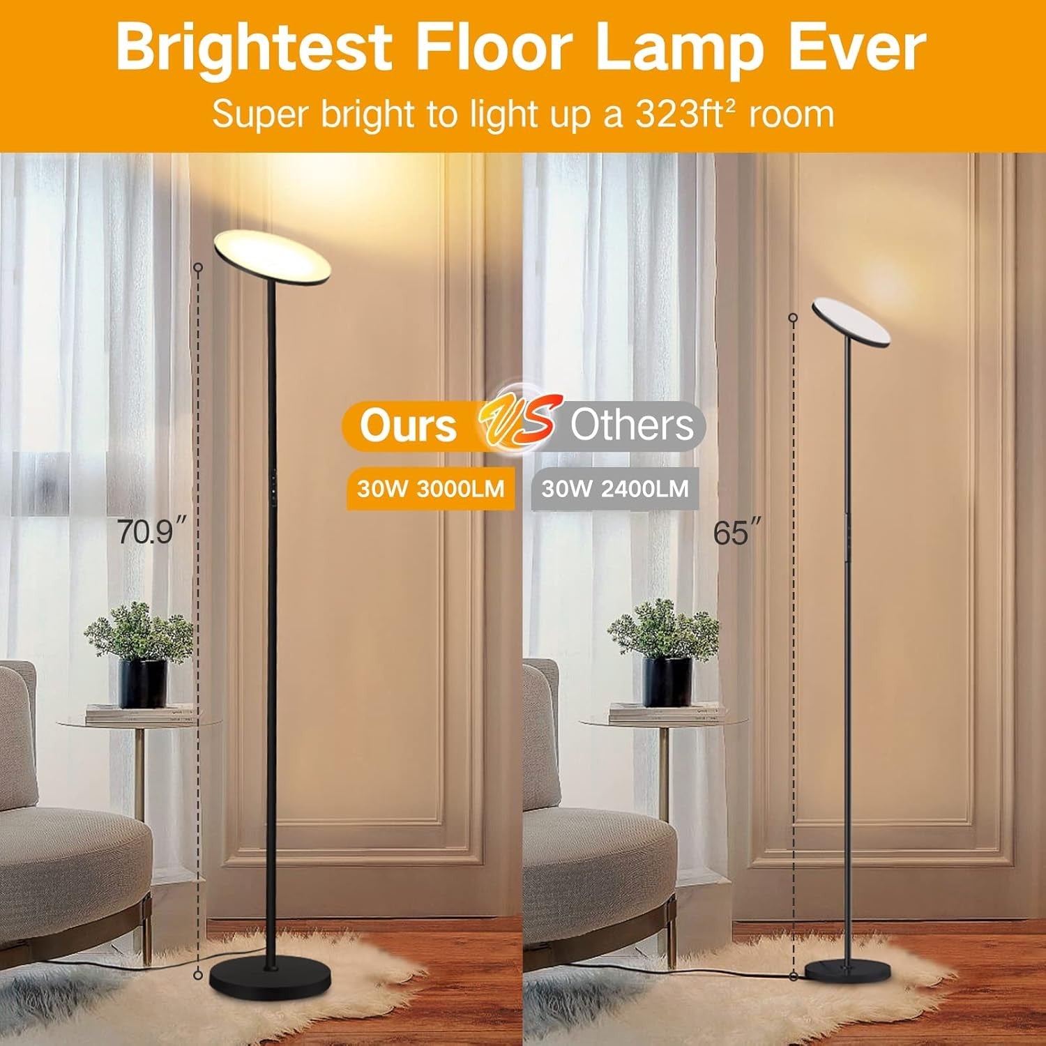 LED Uplighter Floor Lamp 3000LM Dimmable Torchiere Remote Touch Black