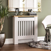 White Radiator Cover Cabinet Small MDF Modern Slatted Grill with Wood Top Shelf