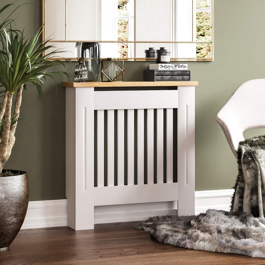 White Radiator Cover Cabinet Small MDF Modern Slatted Grill with Wood Top Shelf