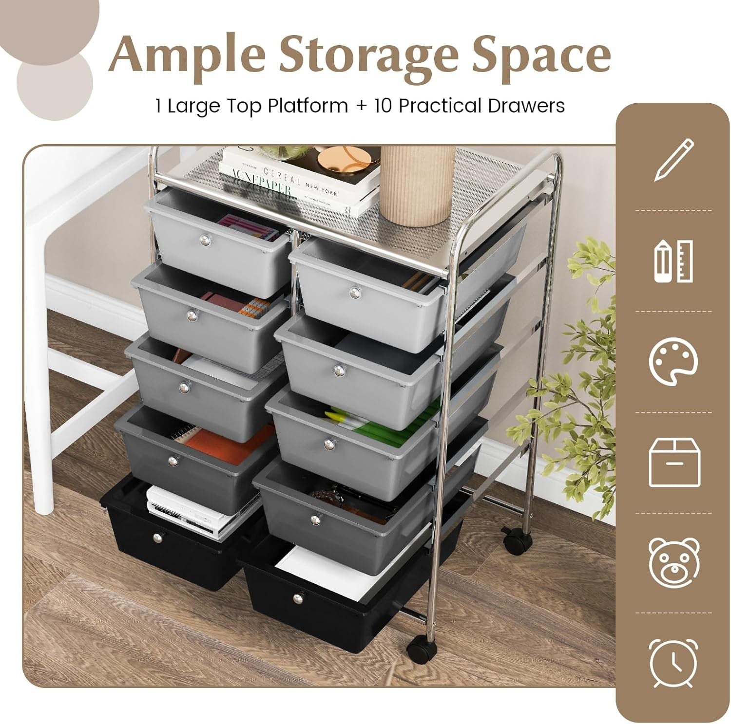 10 Drawer Rolling Storage Cart Black Organizer Trolley with Wheels