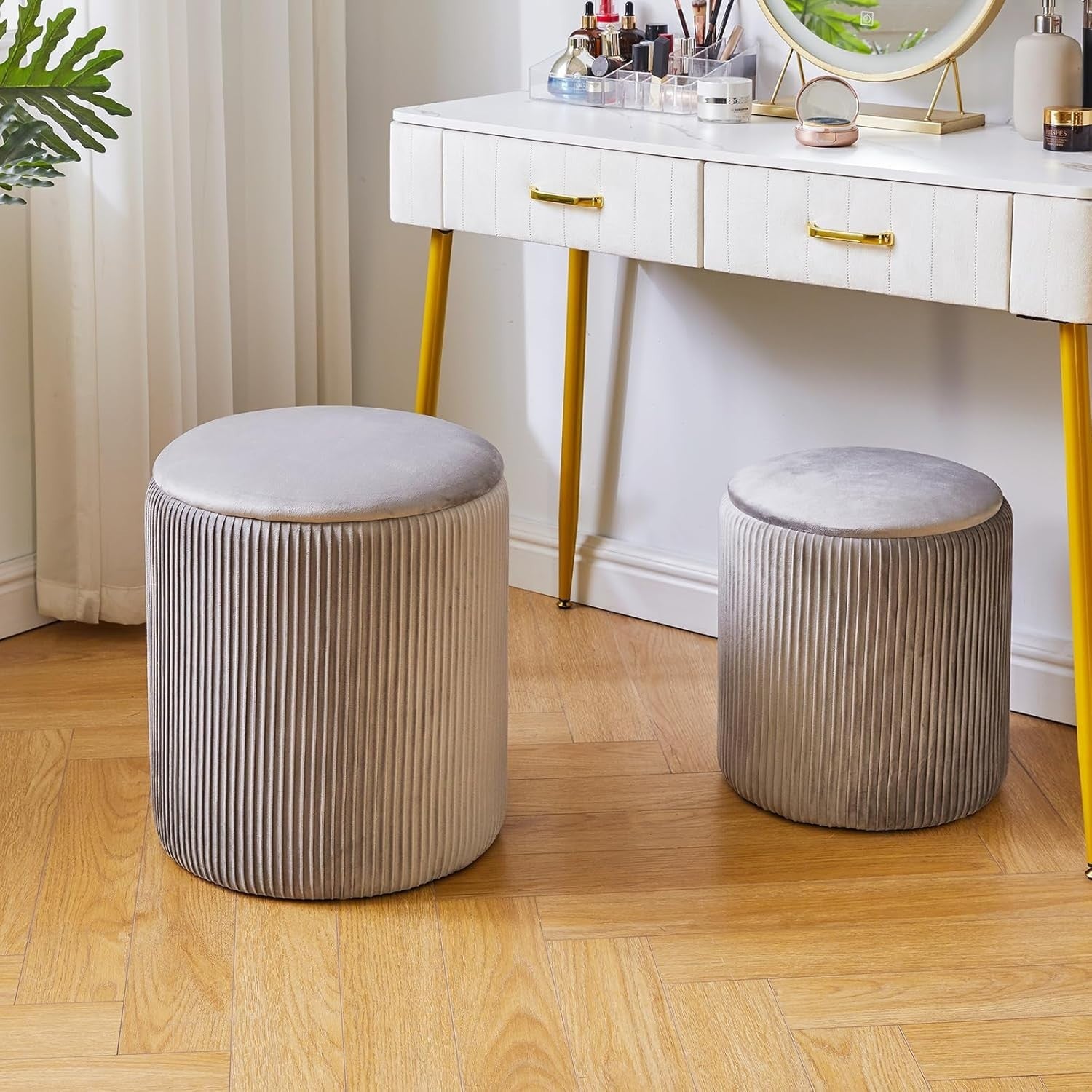 Set of 2 Round Storage Ottomans – Velvet Pouffe Stool Set for Bedroom & Living