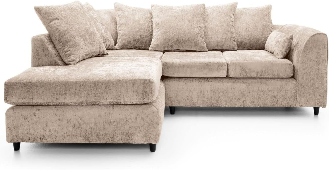 L Shaped Corner Sofa Cream Chenille – 5 Seater Couch w/ Cushions & Support