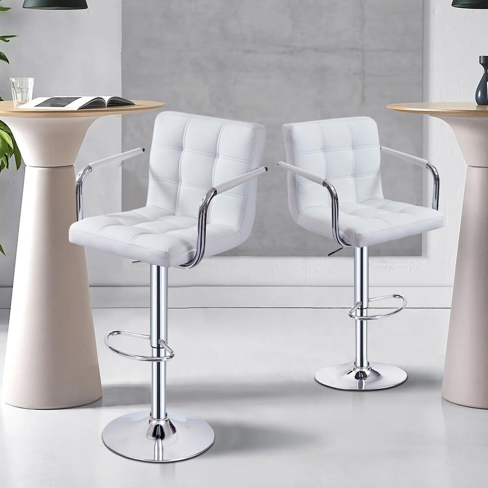 Set of 2 White Adjustable Swivel Bar Stools with Armrests & PU Leather