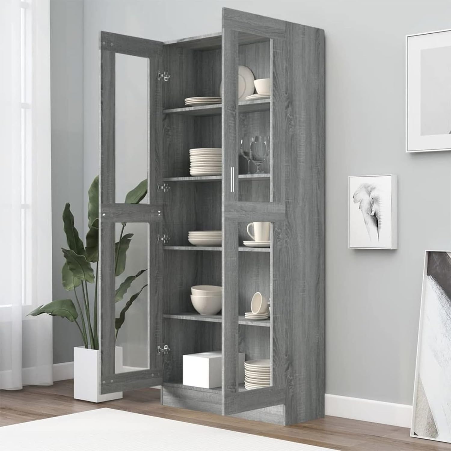 185cm Grey Book Vitrine Cabinet | Glass Doors & Storage Shelves