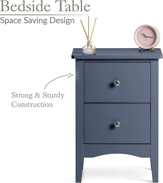 Navy 2 Drawer Bedside Table Modern MDF Nightstand | Smooth Glide Storage Unit