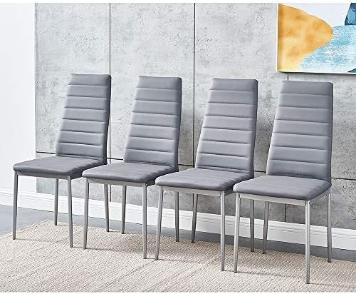 Rectangular Glass Dining Table Set 4 Chairs Modern Grey Faux Leather
