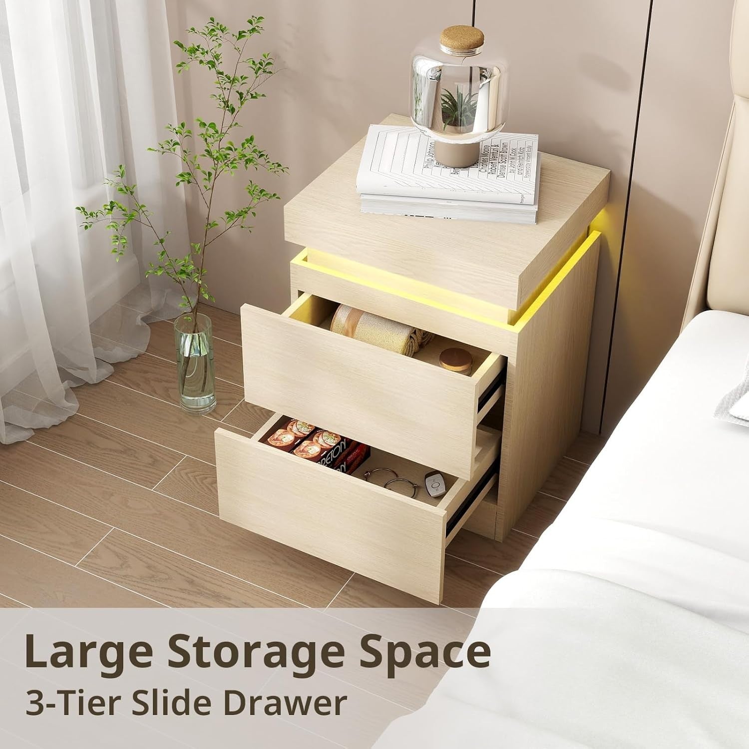 Modern Oak LED Bedside Table with USB Charging, 2 Drawers & Sliding Top Cabinet
