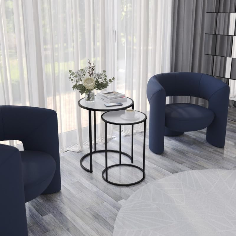 2X Round Glass Nesting End Tables Black Metal Legs Modern Living Room Set