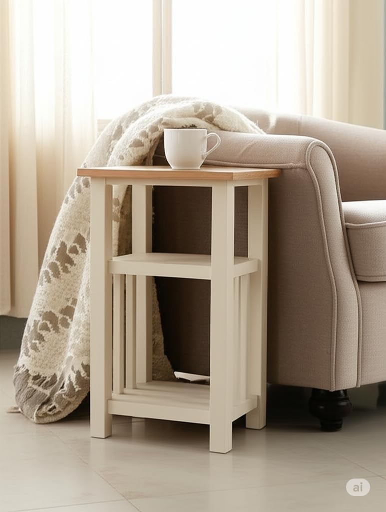 Small Side Table with Storage Shelves White Oak Top Narrow Bedside Sofa Stand