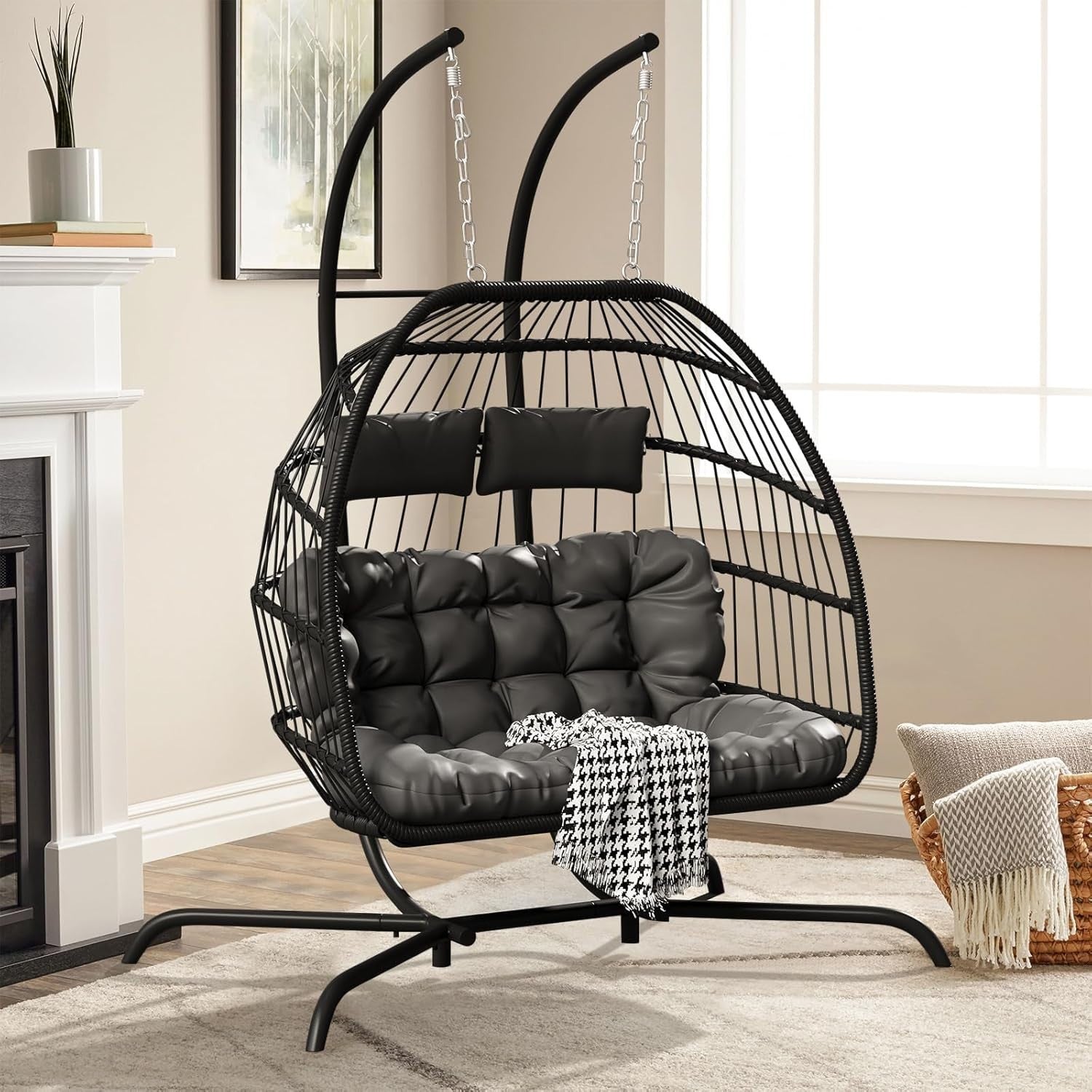 Double Hanging Egg Chair with Stand Cushioned PE Wicker Swing Seat