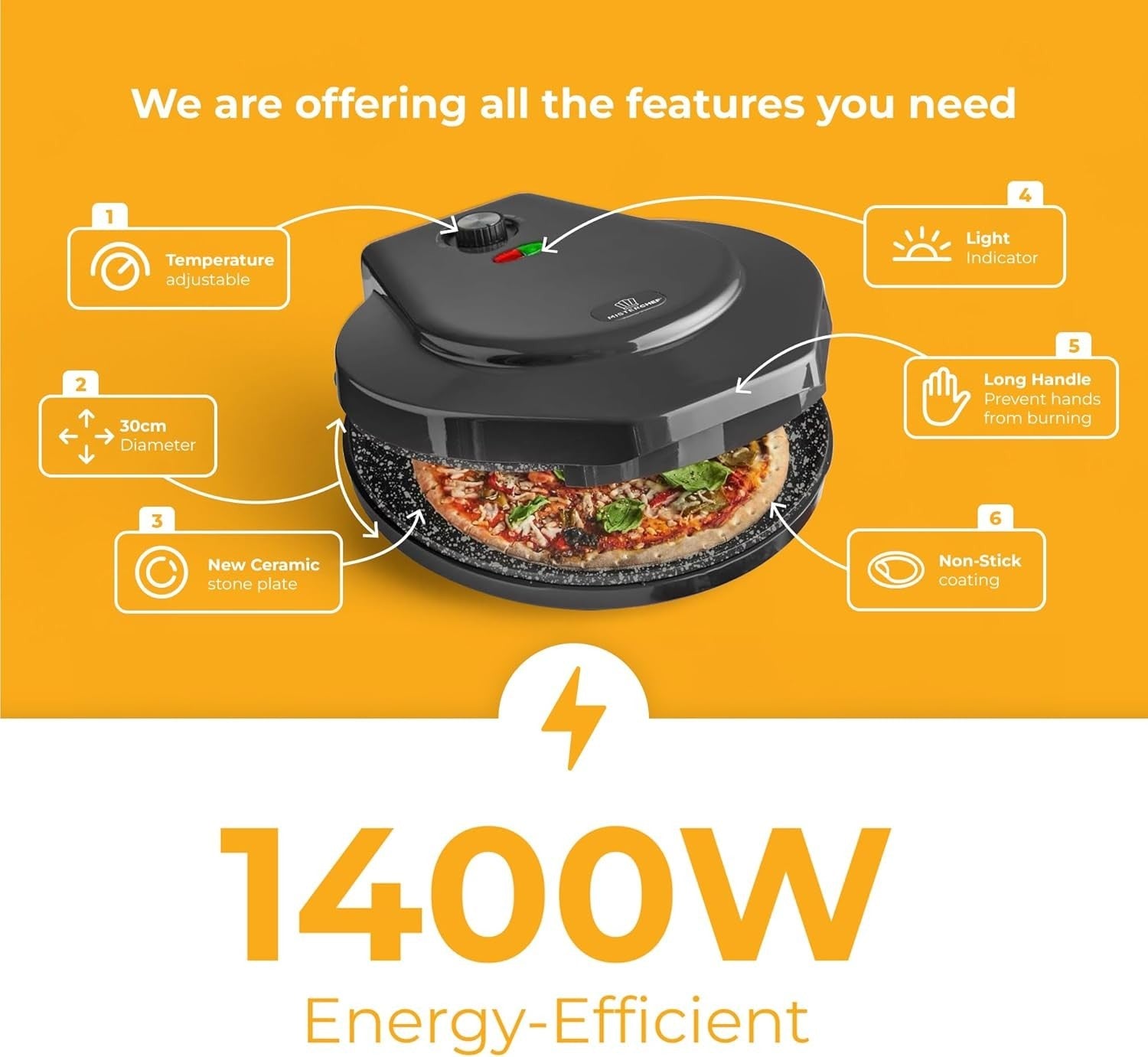 Electric Pizza Maker 1450W 12" Ceramic, Fast Bake, Non-Stick, Crusty Base