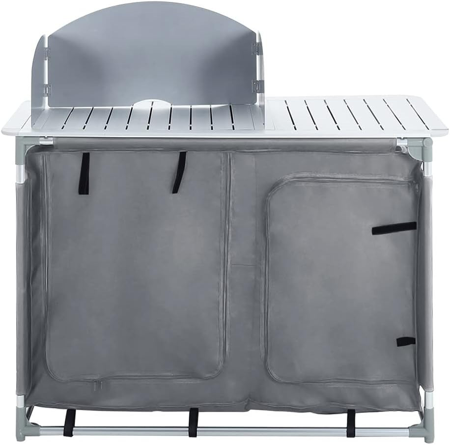 Outdoor Folding Camping Kitchen Table with Storage & Windproof Design Grey
